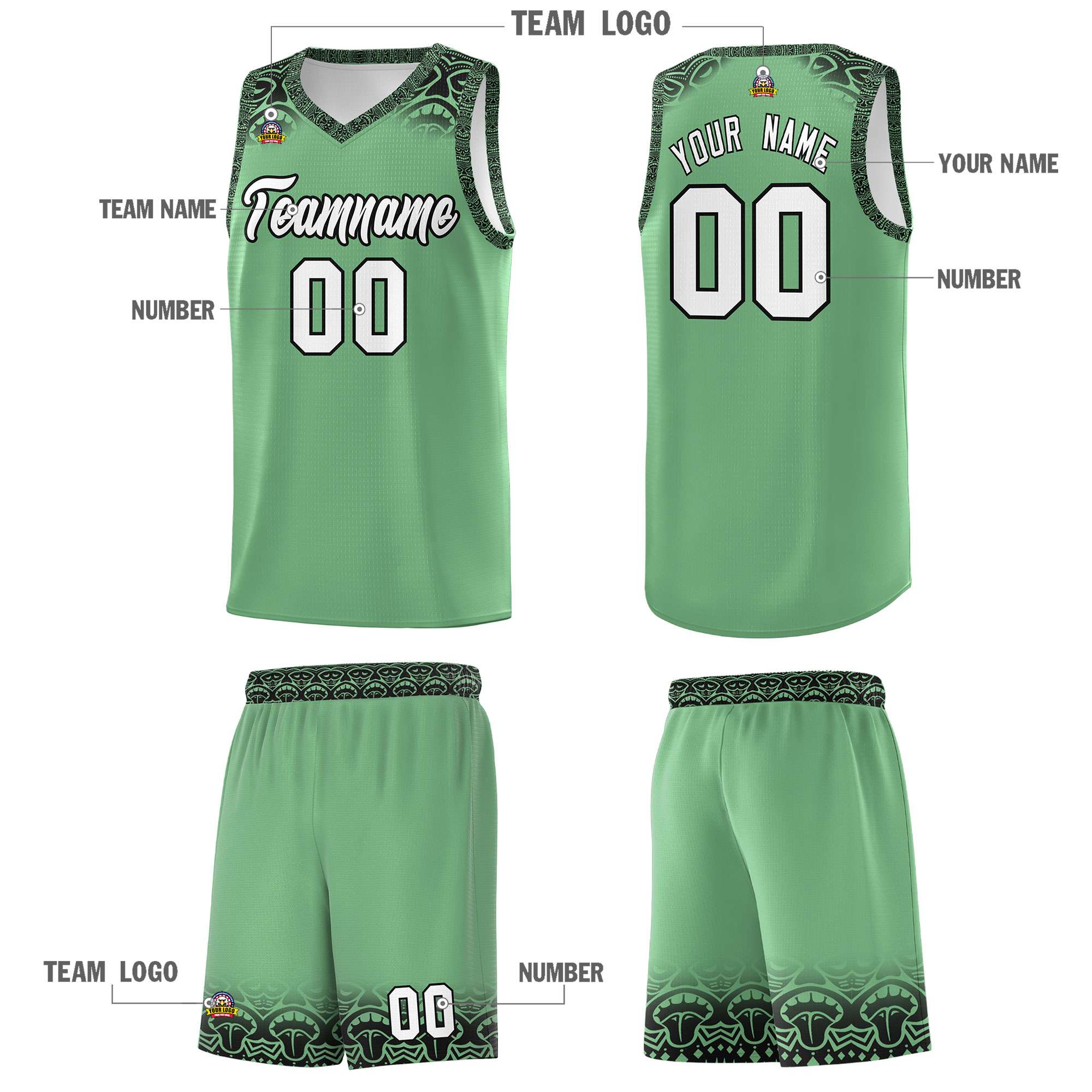 Custom Green Black Personalized Indians Print Kits Sports Uniform Basketball Jersey|KXKSHOP