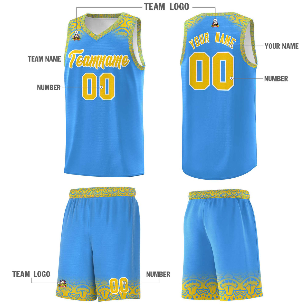 Custom Powder Blue Gold Personalized Indians Print Kits Sports Uniform Basketball Jersey|KXKSHOP