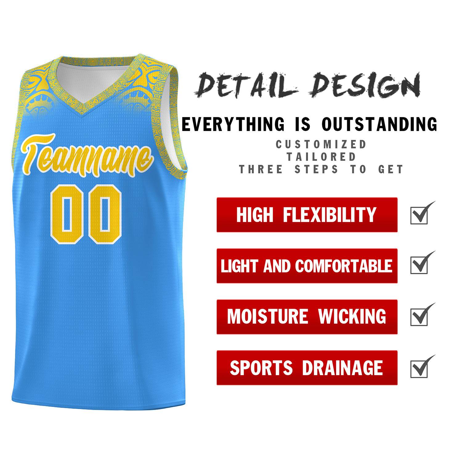 Custom Powder Blue Gold Personalized Indians Print Kits Sports Uniform Basketball Jersey|KXKSHOP
