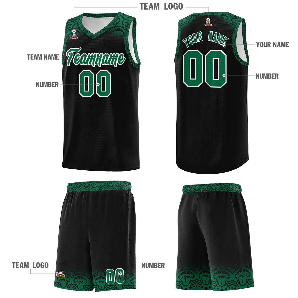 Custom Black Kelly Green Personalized Indians Print Kits Sports Uniform Basketball Jersey|KXKSHOP