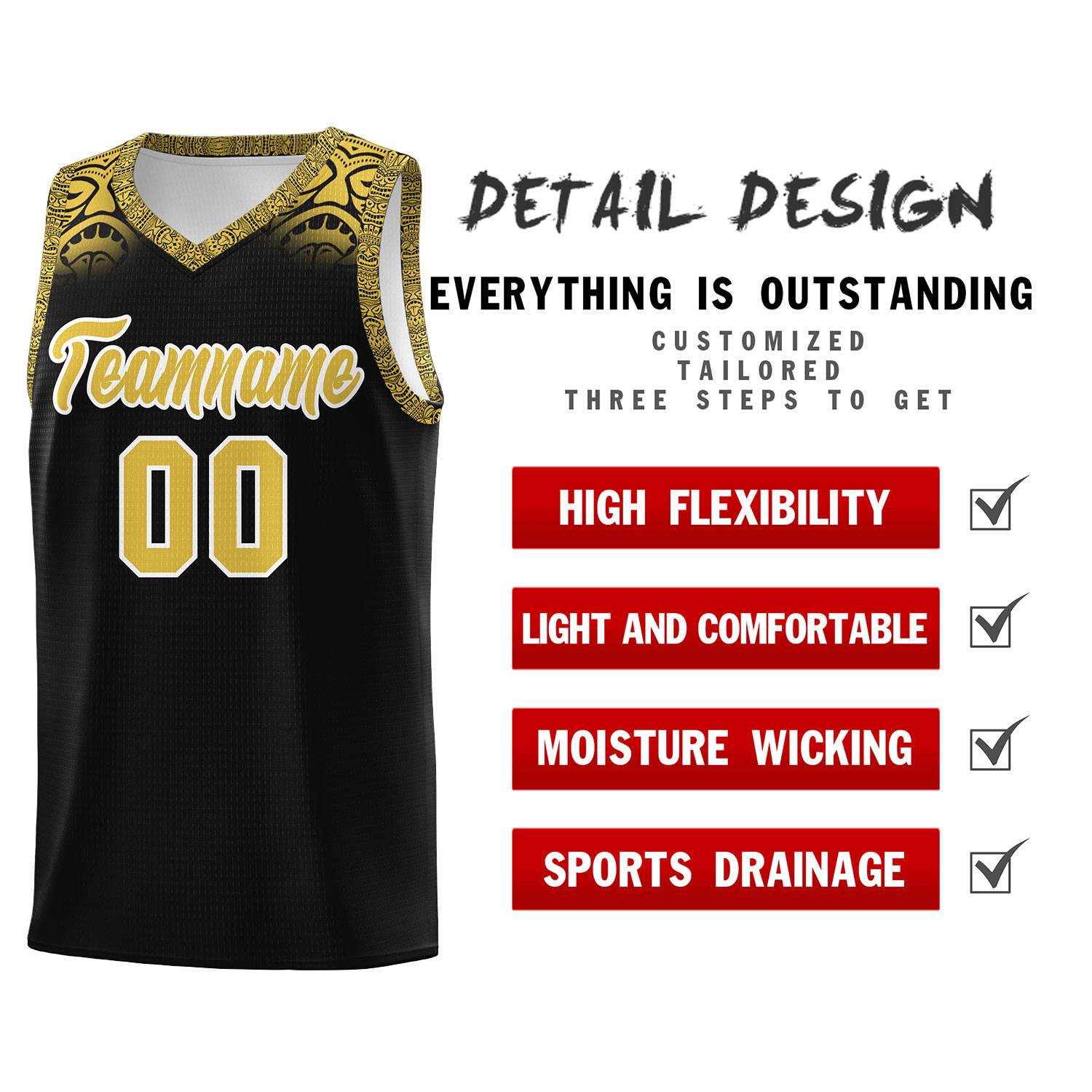 Custom Black Yellow Personalized Indians Print Kits Sports Uniform Basketball Jersey|KXKSHOP