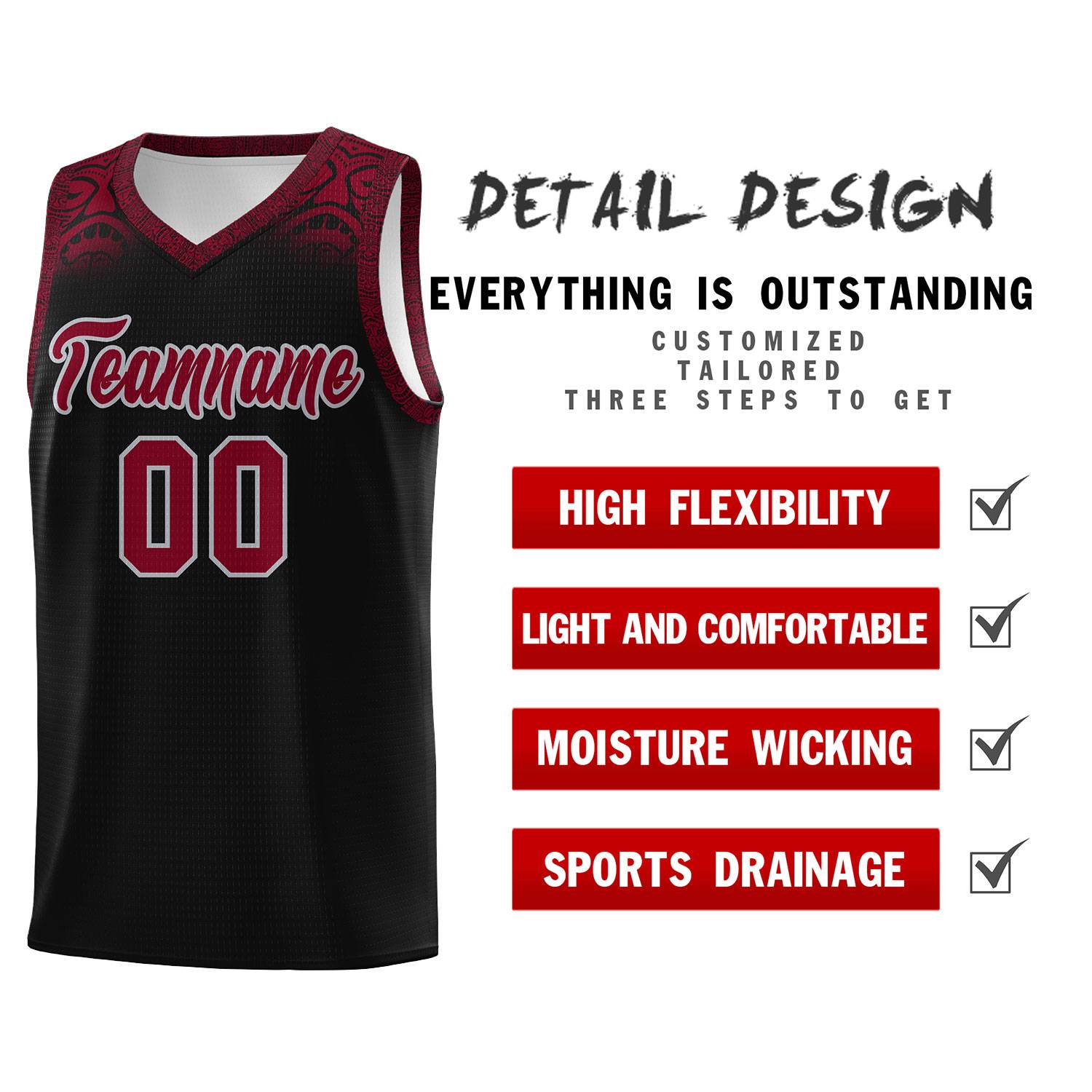 Custom Black Crimson Personalized Indians Print Kits Sports Uniform Basketball Jersey|KXKSHOP