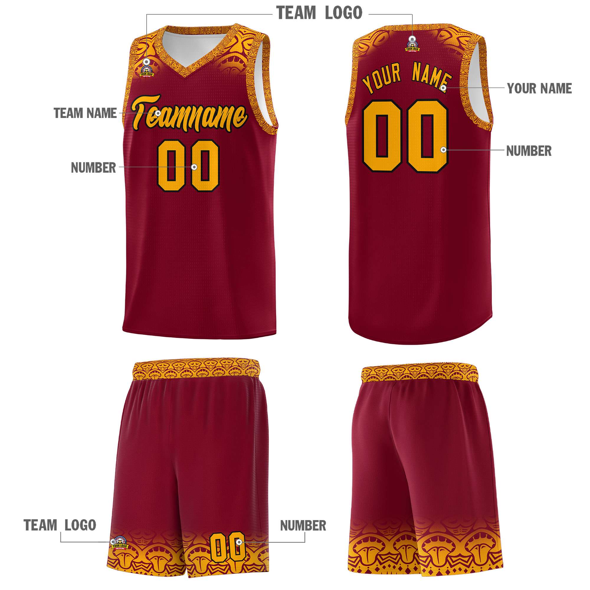 Custom Crimson Yellow Personalized Indians Print Kits Sports Uniform Basketball Jersey|KXKSHOP