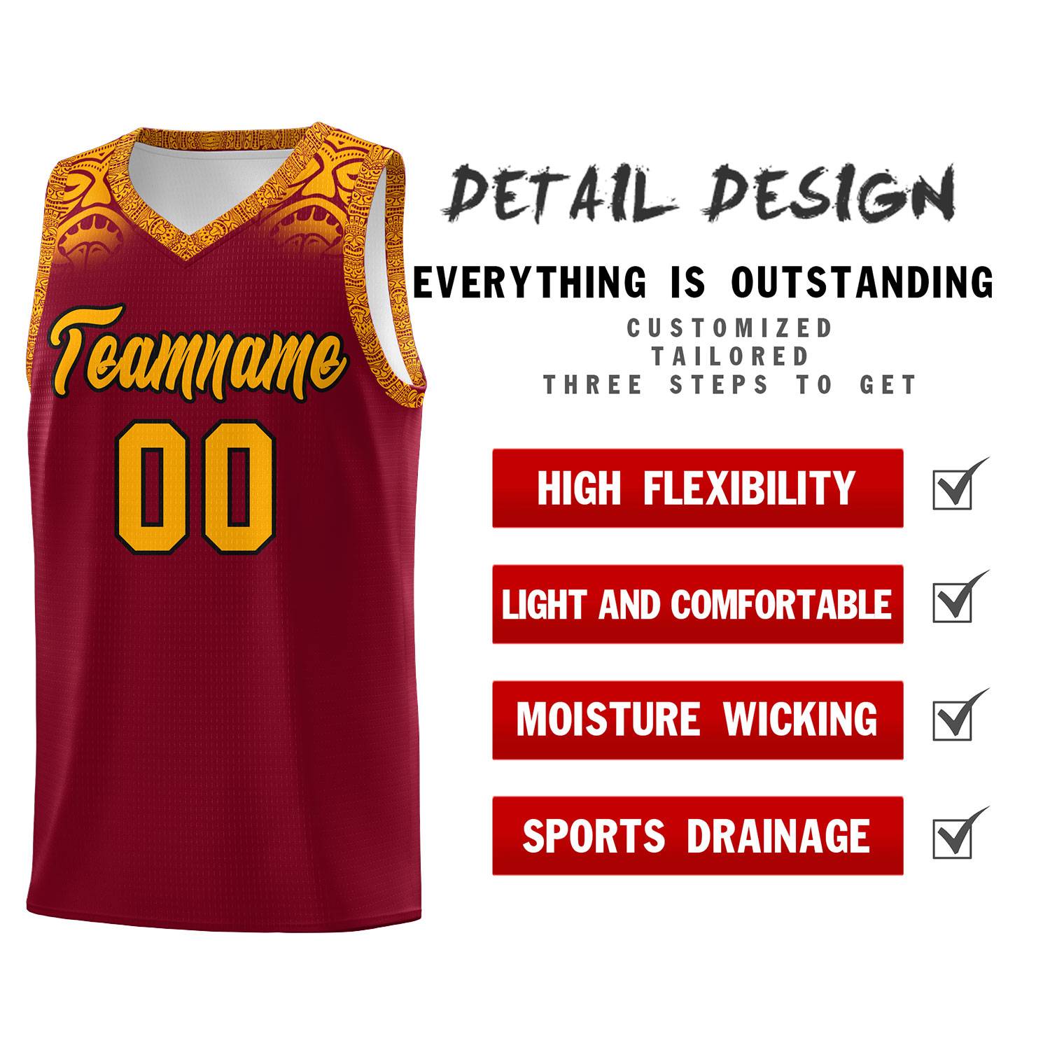 Custom Crimson Yellow Personalized Indians Print Kits Sports Uniform Basketball Jersey|KXKSHOP