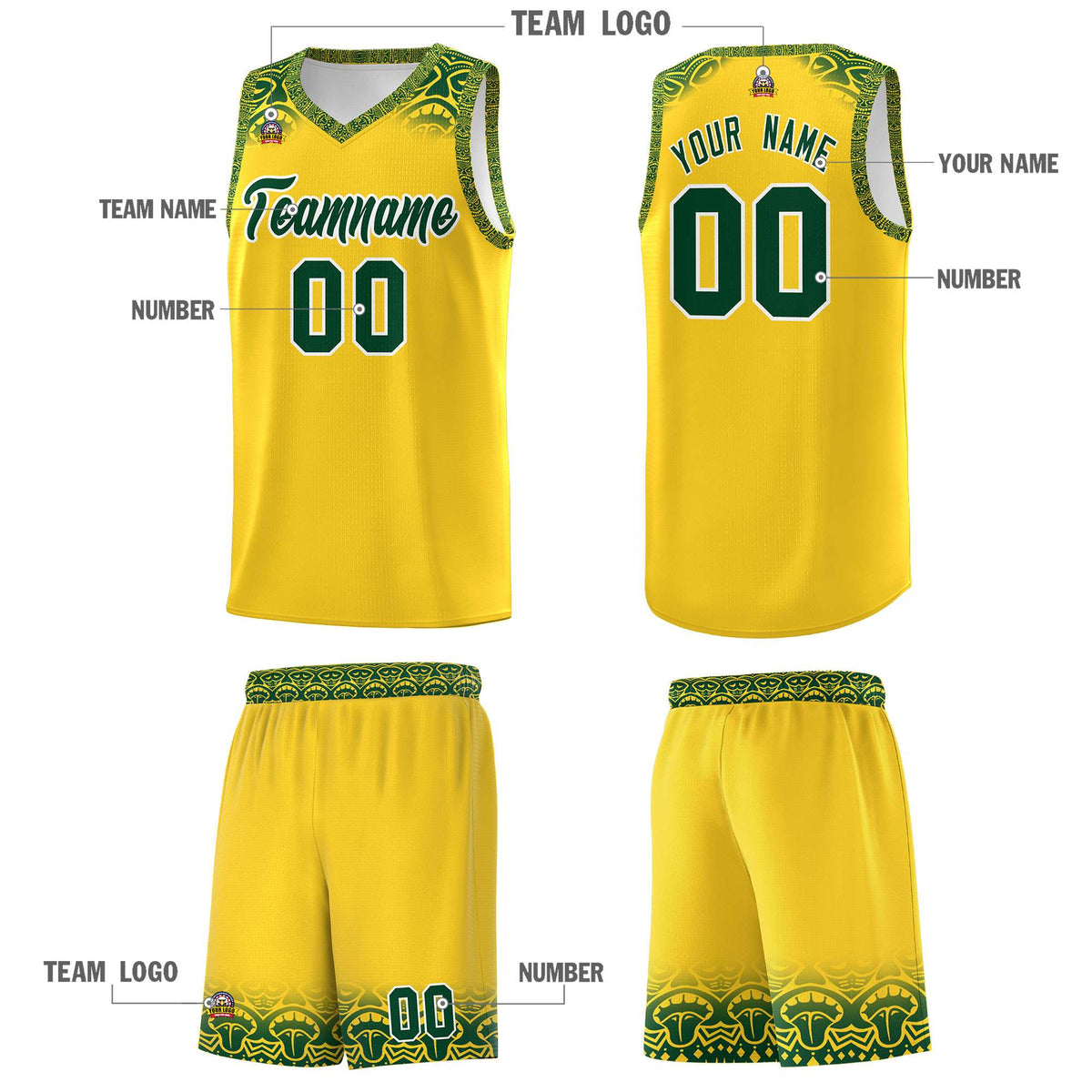 Custom Gold Green Personalized Indians Print Kits Sports Uniform Basketball Jersey|KXKSHOP