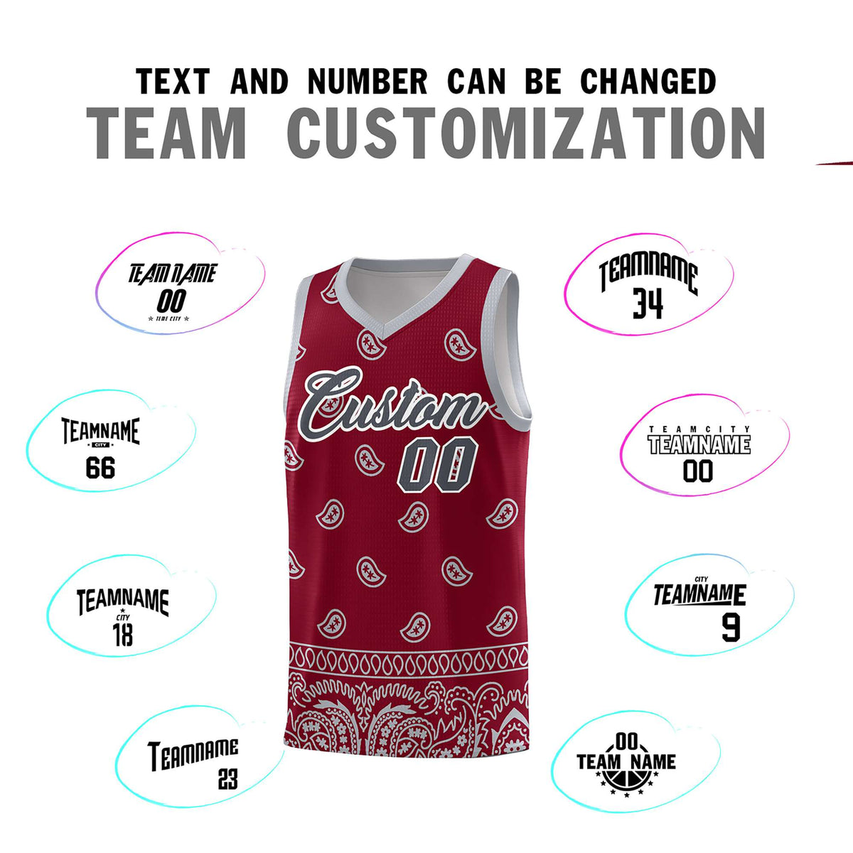 Custom Crimson Gray Personalized Cashew Pattern Sports Uniform Basketball Jersey