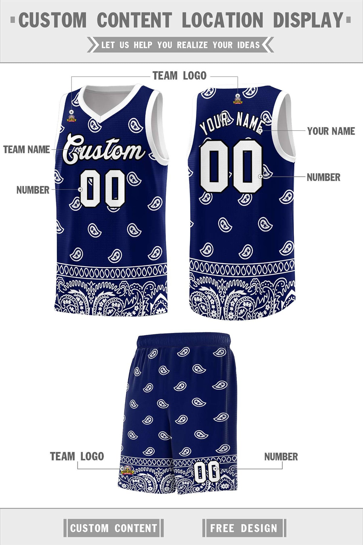Custom Navy White Personalized Cashew Pattern Sports Uniform Basketball Jersey