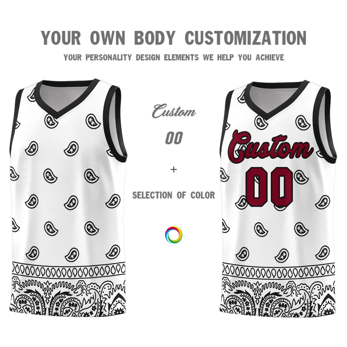Custom White Black Personalized Cashew Pattern Sports Uniform Basketball Jersey