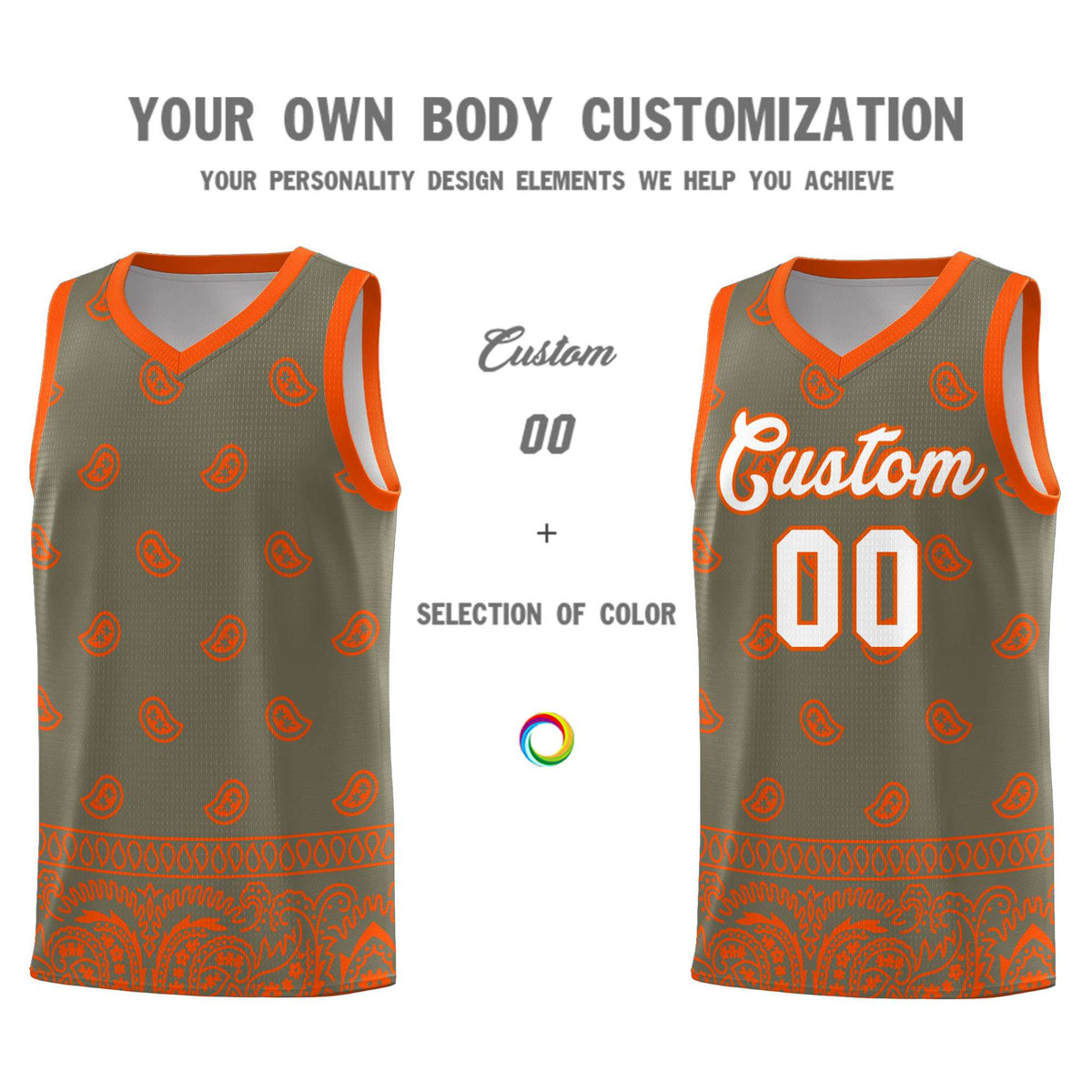 Custom Olive Orange Personalized Cashew Pattern Sports Uniform Basketball Jersey