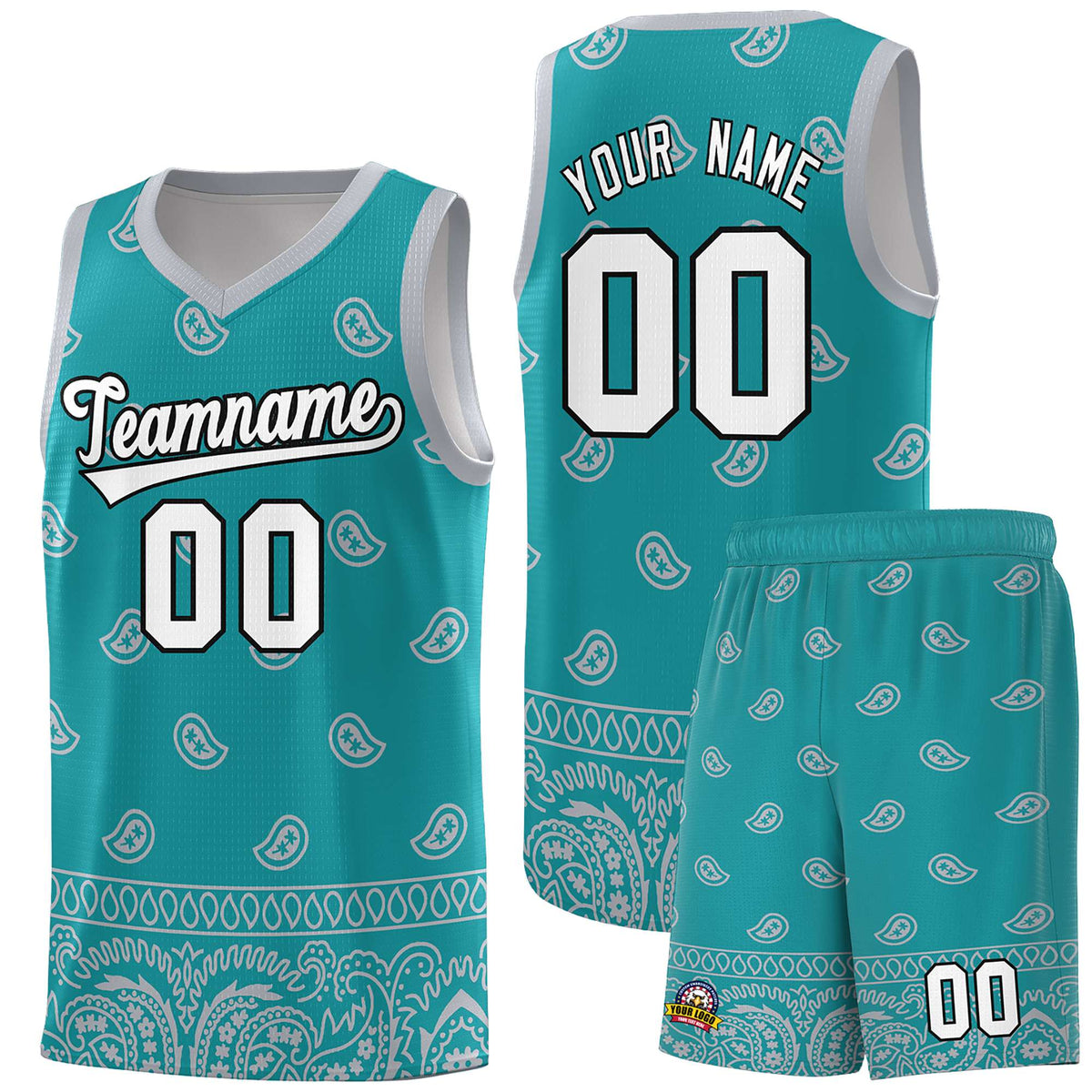 Custom Aqua Gray Personalized Cashew Pattern Sports Uniform Basketball Jersey