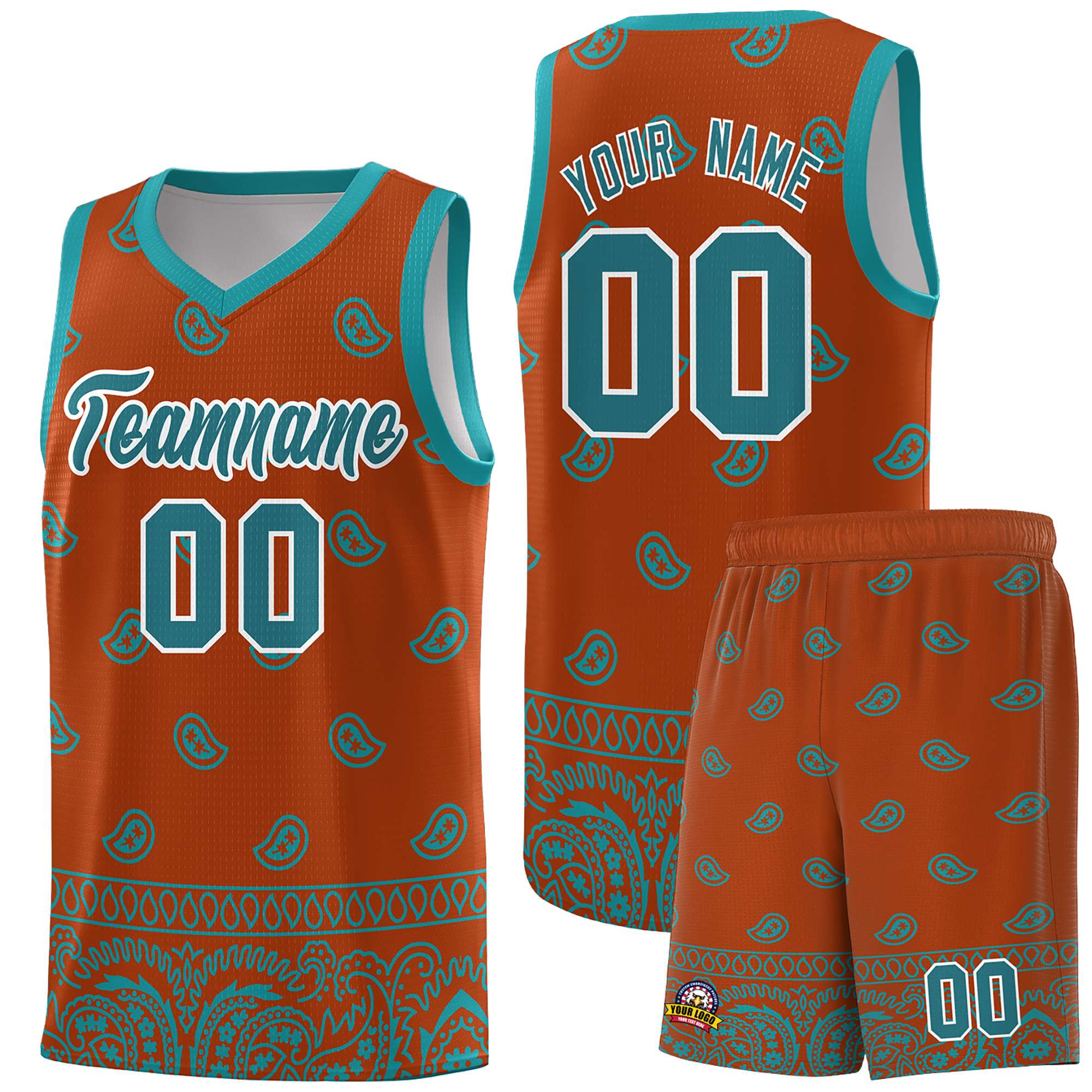 Custom Texas Orange Aqua Personalized Cashew Pattern Sports Uniform Basketball Jersey