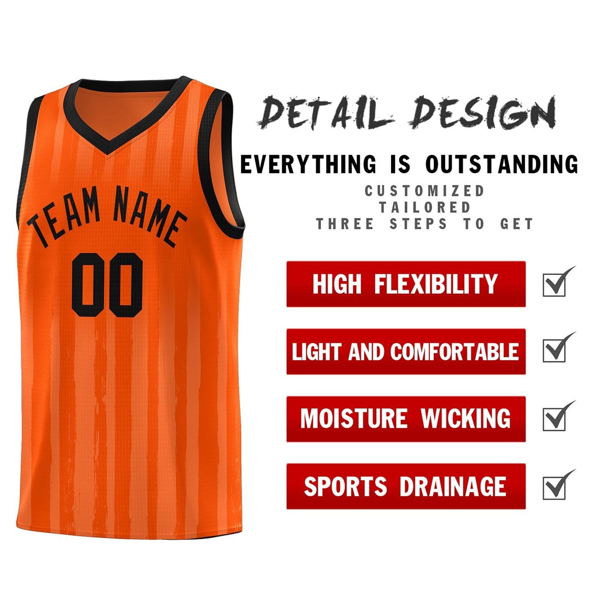 Custom Orange Black Vertical Striped Pattern Sports Uniform Basketball Jersey