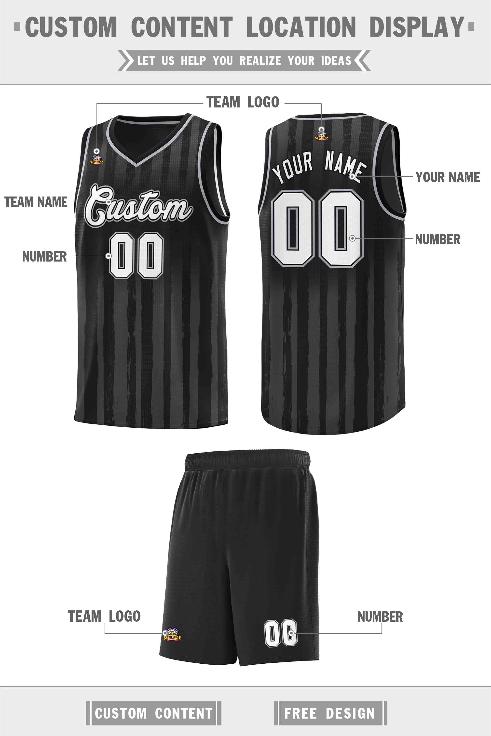 Custom Black White Vertical Striped Pattern Sports Uniform Basketball Jersey