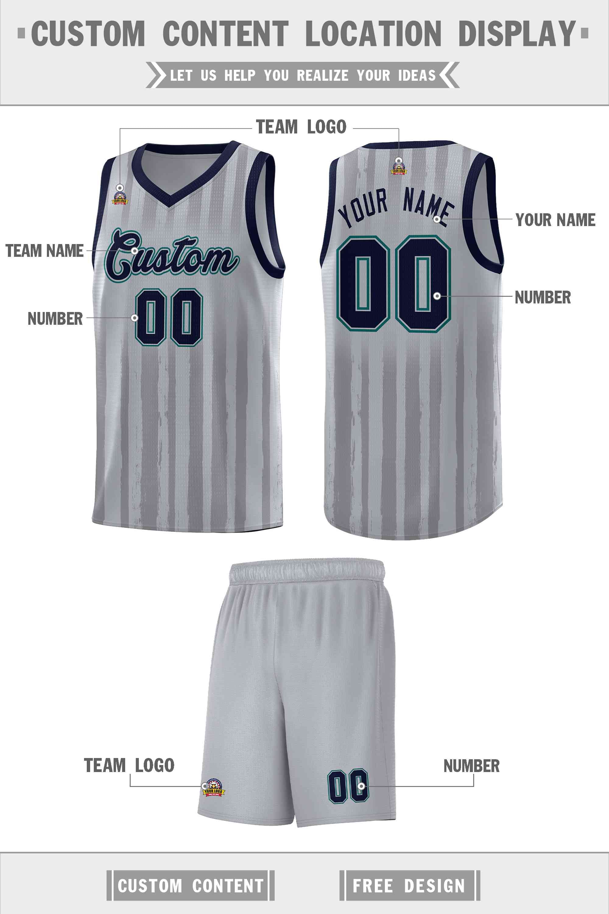Custom Gray Navy Vertical Striped Pattern Sports Uniform Basketball Jersey