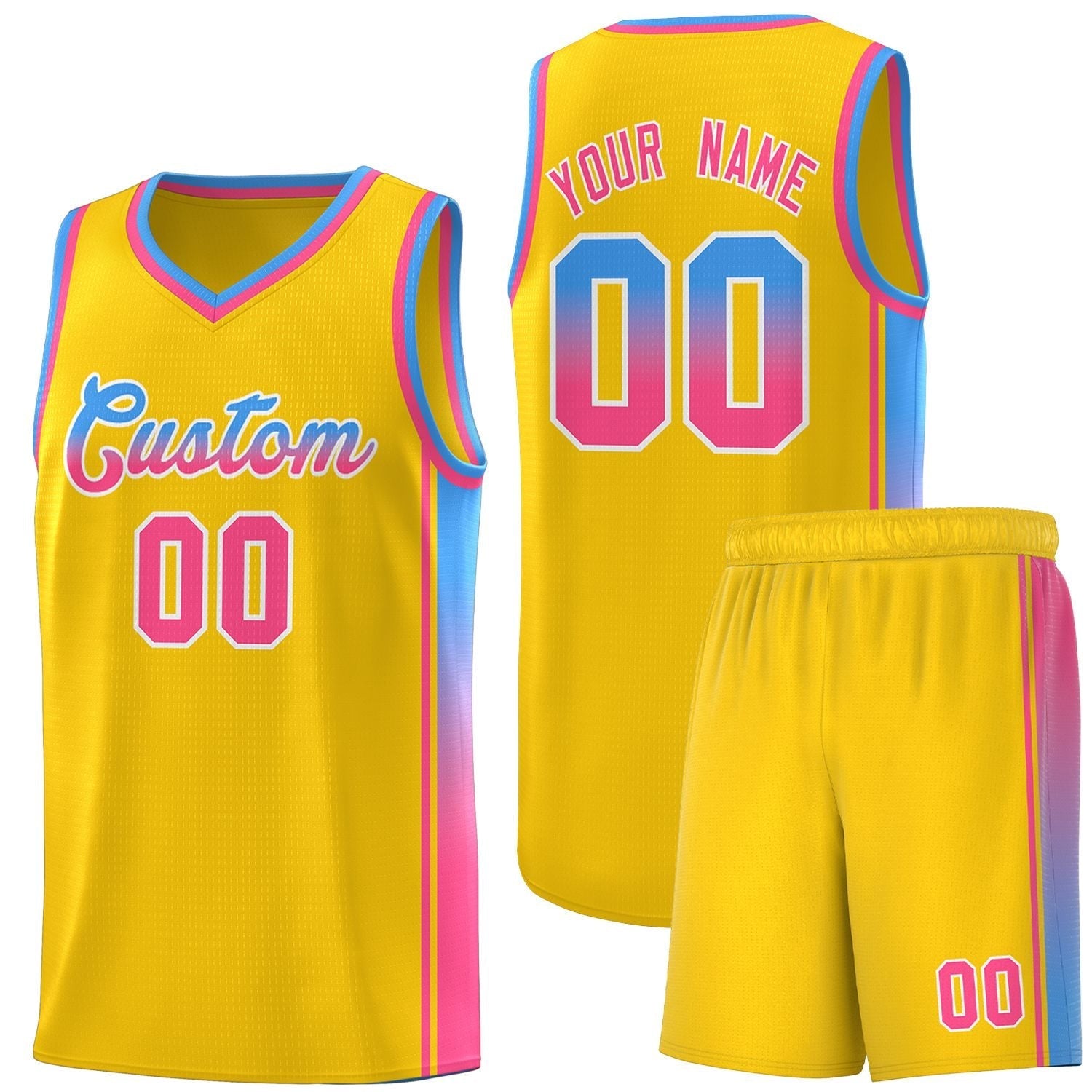 Custom Gold Light Blue-Pink Gradient Fashion Sports Uniform Basketball Jersey |KXKSHOP