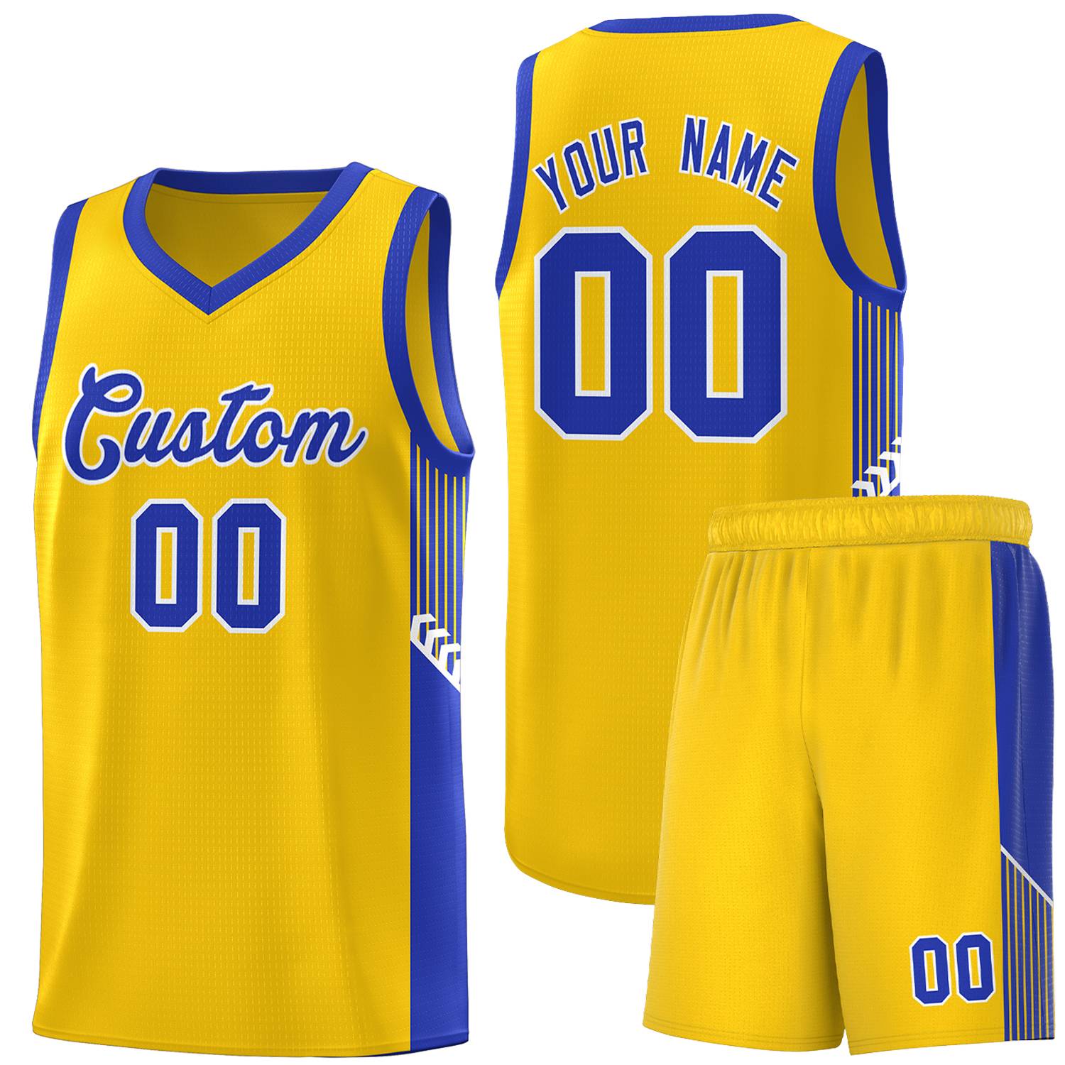 Custom Gold Royal-White Side Stripe Fashion Sports Uniform Basketball Jersey |KXKSHOP