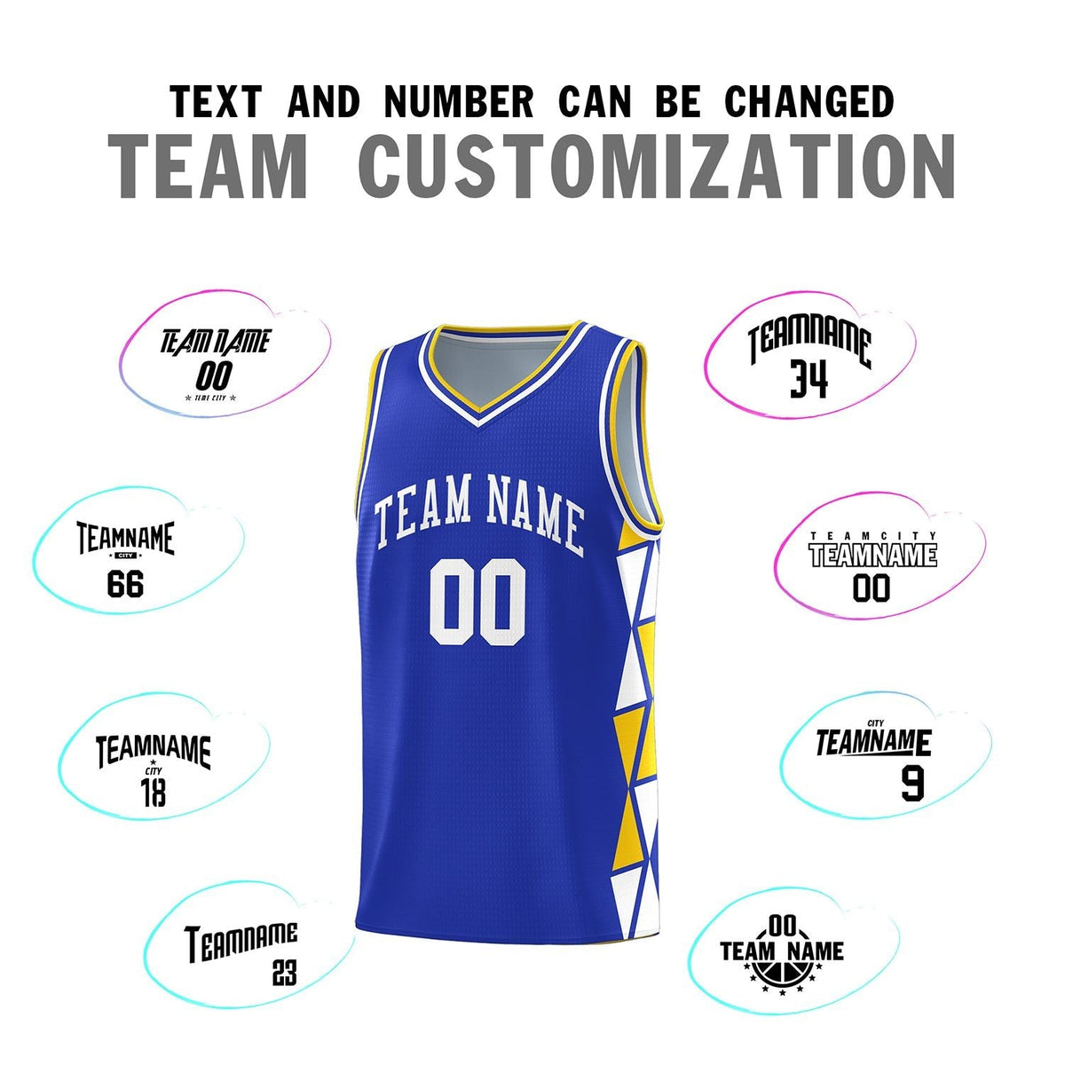 Custom Royal Gold-White Side Two-Color Triangle Splicing Sports Uniform Basketball Jersey