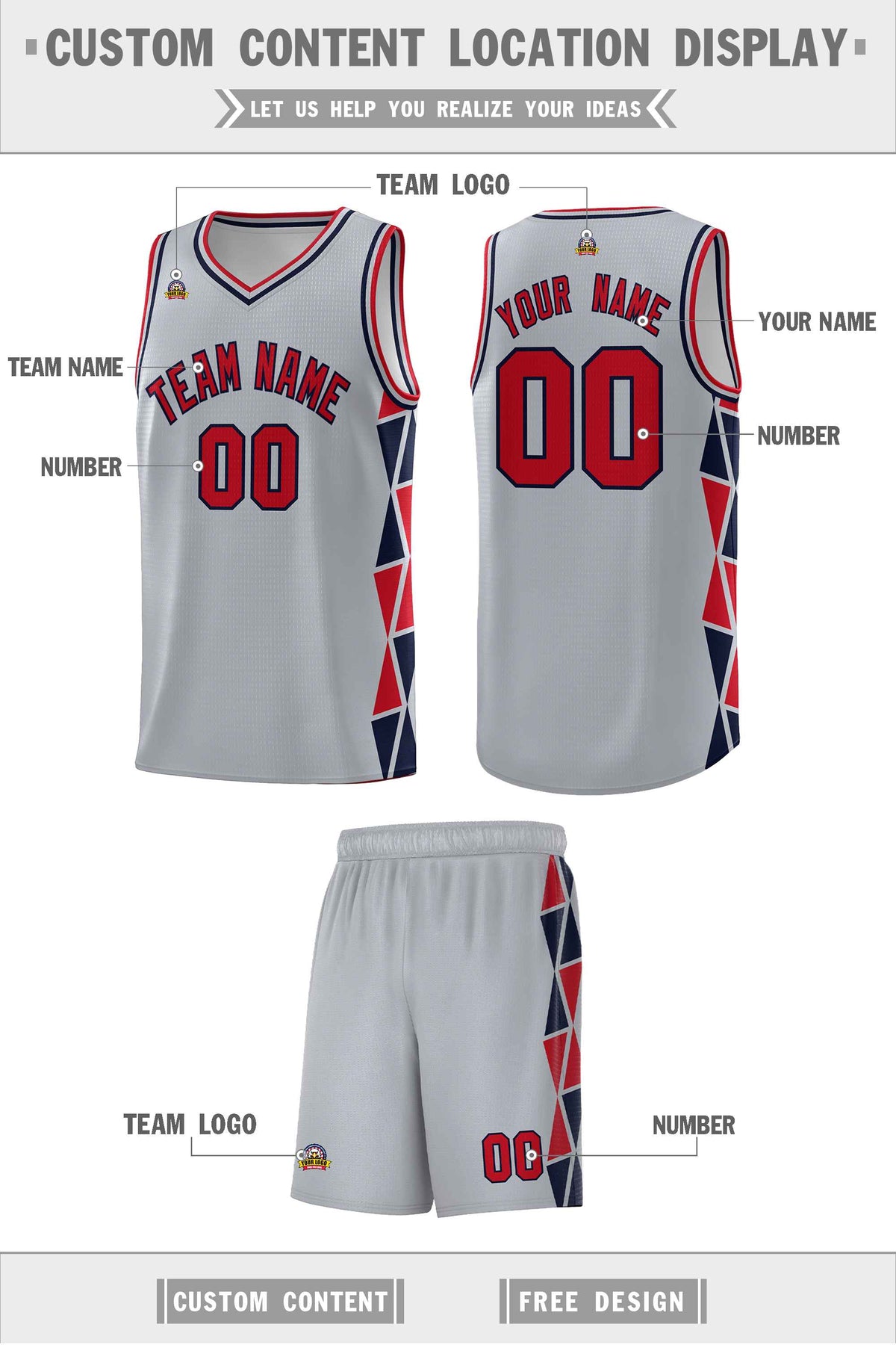 Custom Gray Red-Navy Side Two-Color Triangle Splicing Sports Uniform Basketball Jersey