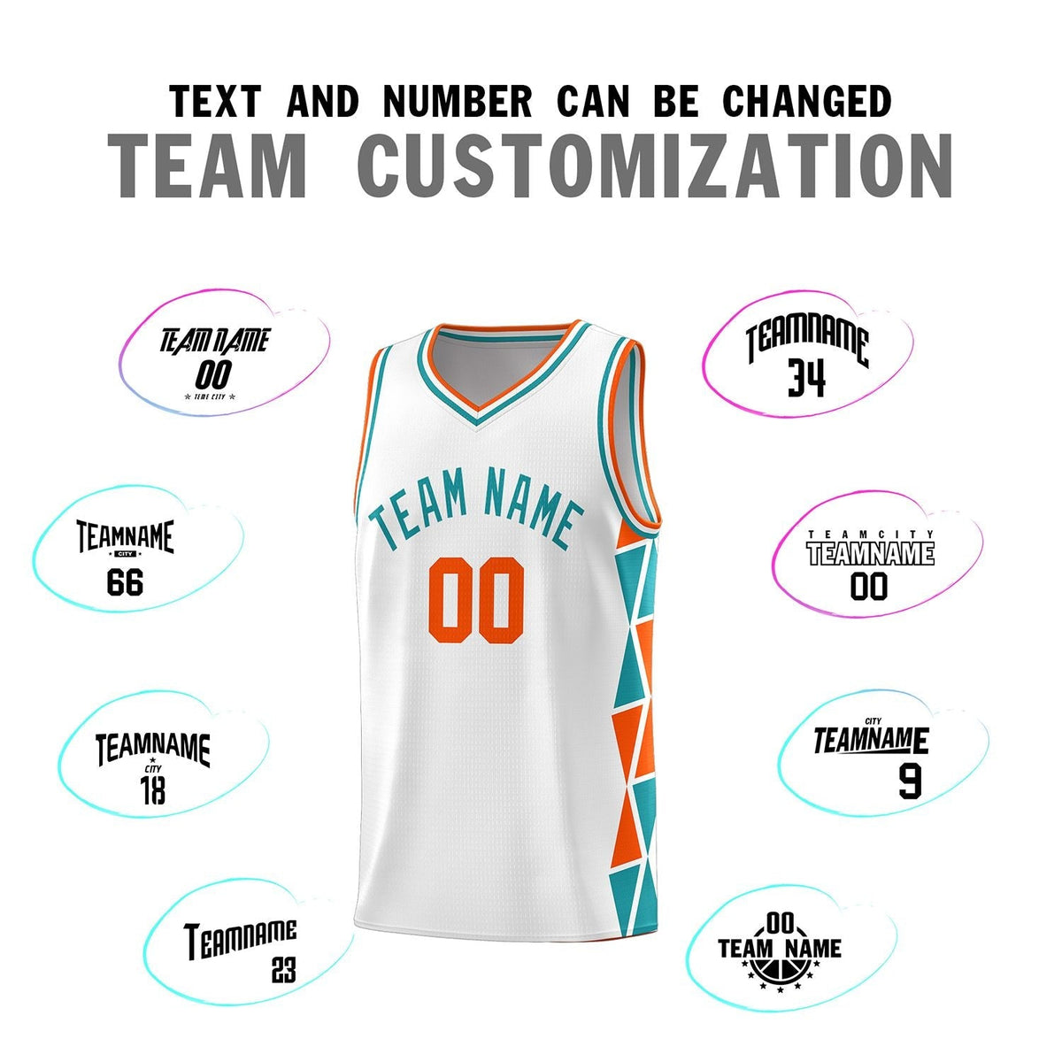 Custom White Orange-Aqua Side Two-Color Triangle Splicing Sports Uniform Basketball Jersey