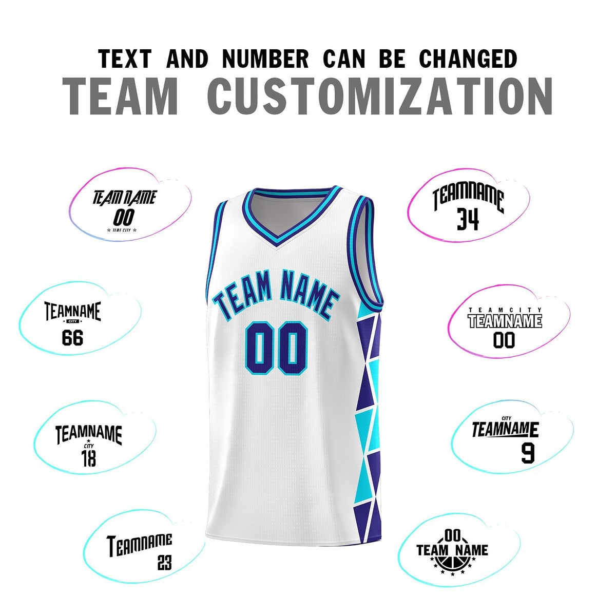 Custom White Violet-Sky Blue Side Two-Color Triangle Splicing Sports Uniform Basketball Jersey