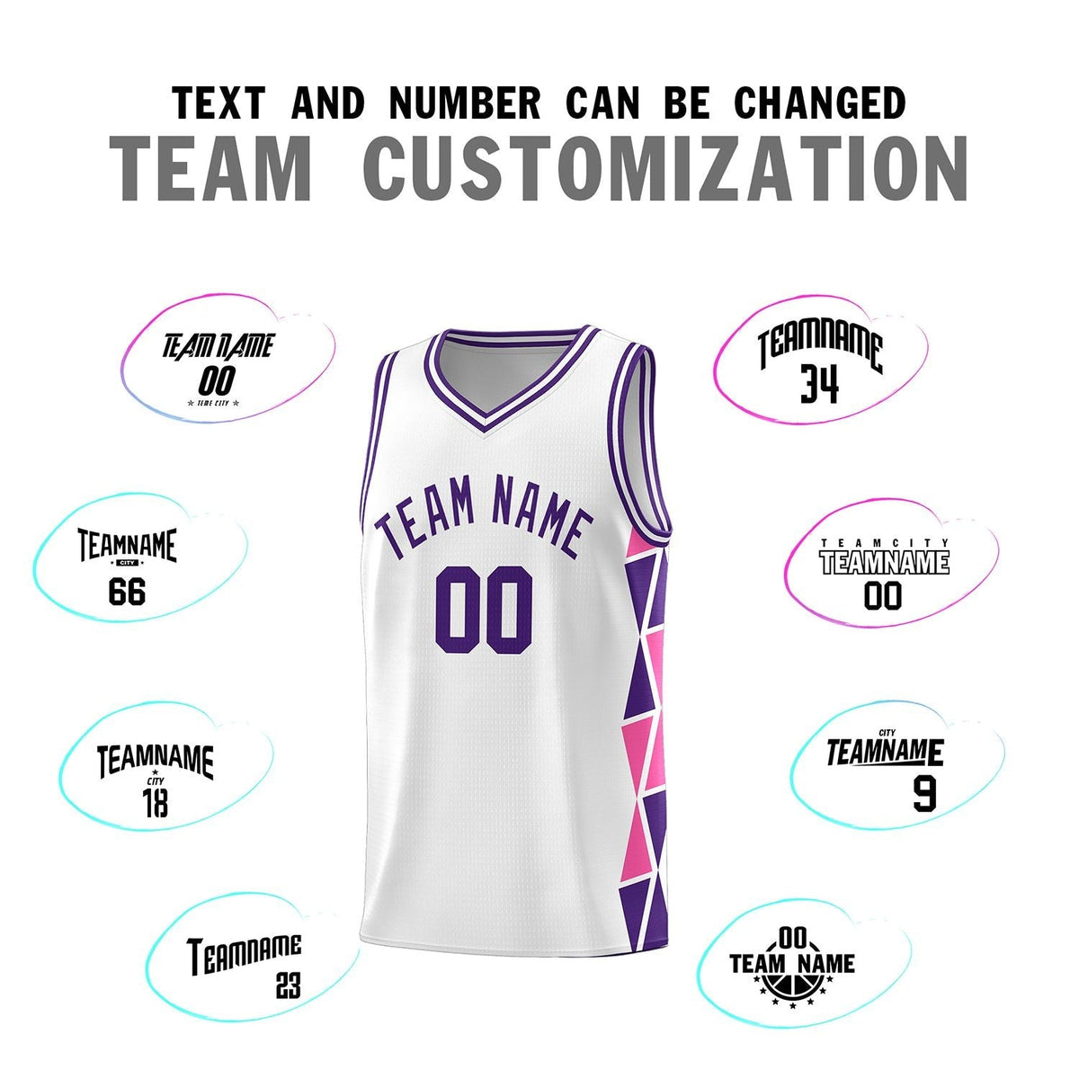 Custom White Purple-Pink Side Two-Color Triangle Splicing Sports Uniform Basketball Jersey