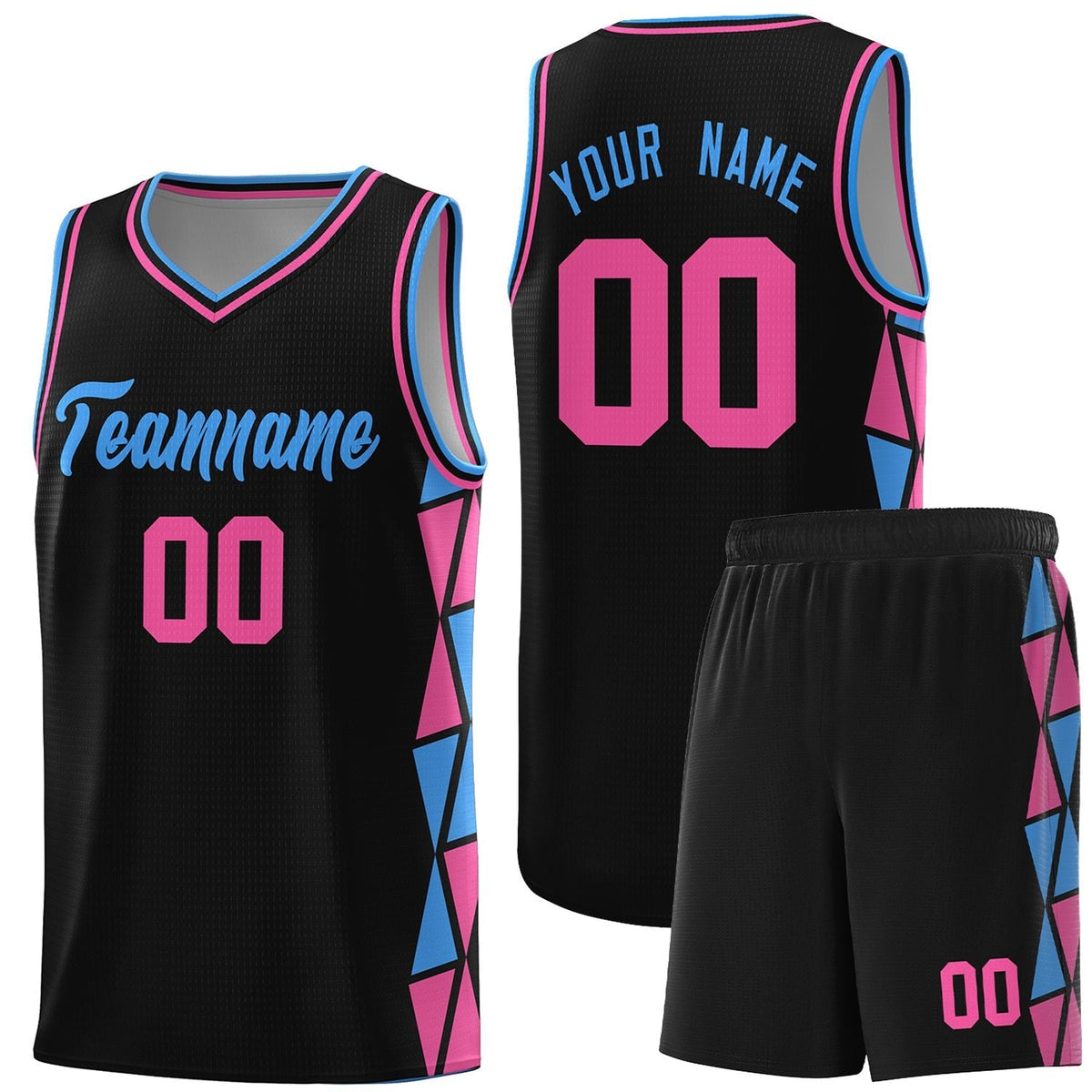 Custom Black Powder Blue-Pink Side Two-Color Triangle Splicing Sports Uniform Basketball Jersey
