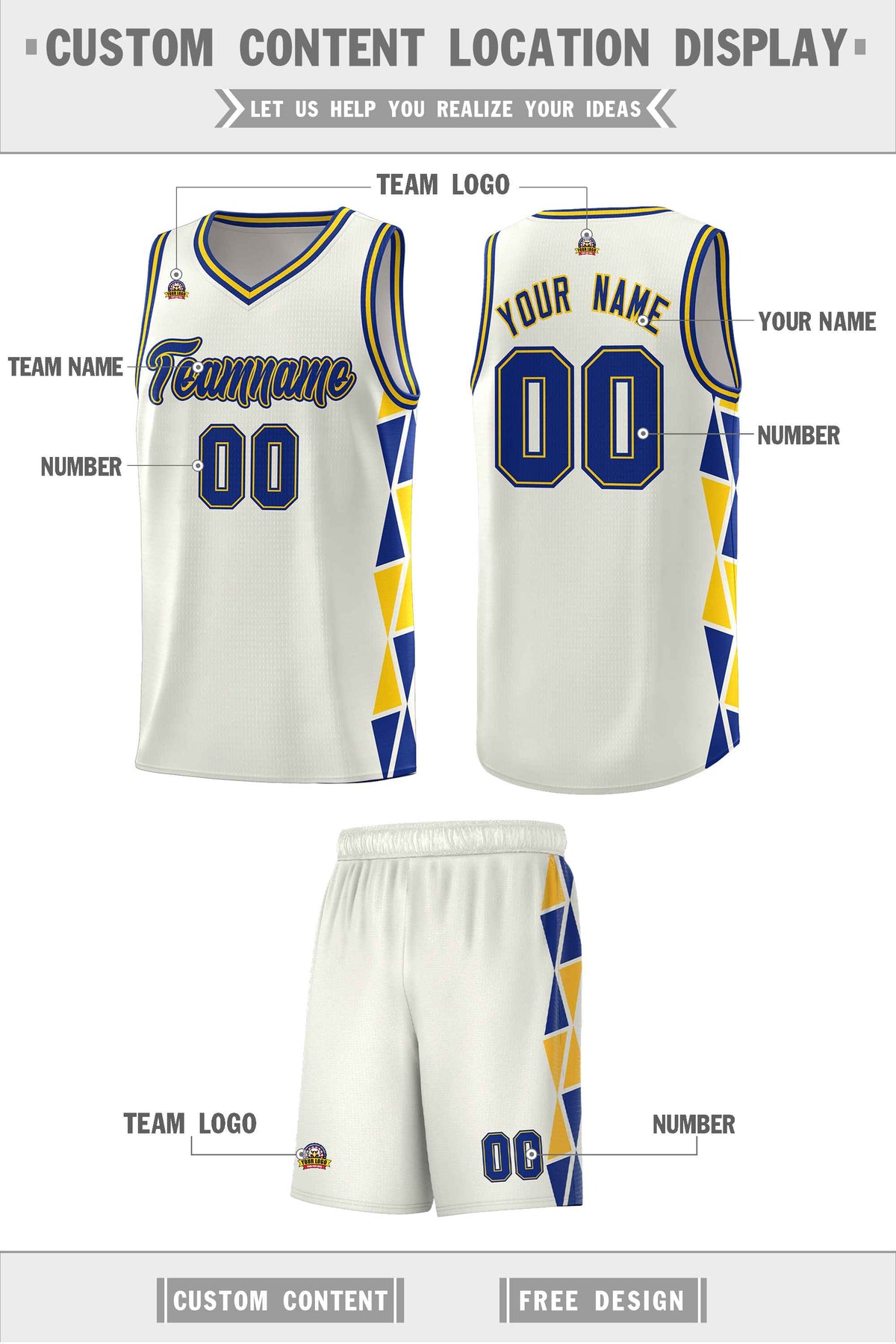 Custom Cream Royal-Gold Side Two-Color Triangle Splicing Sports Uniform Basketball Jersey