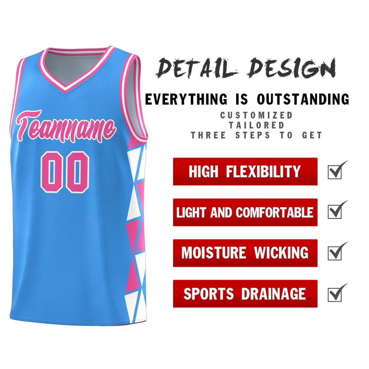 Custom Powder Blue Pink-White Side Two-Color Triangle Splicing Sports Uniform Basketball Jersey
