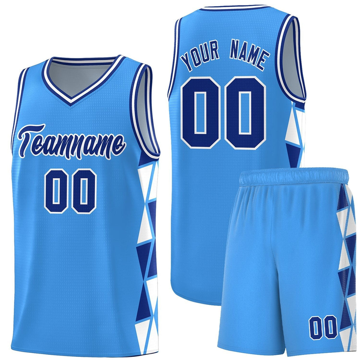 Custom Powder Blue Royal-White Side Two-Color Triangle Splicing Sports Uniform Basketball Jersey