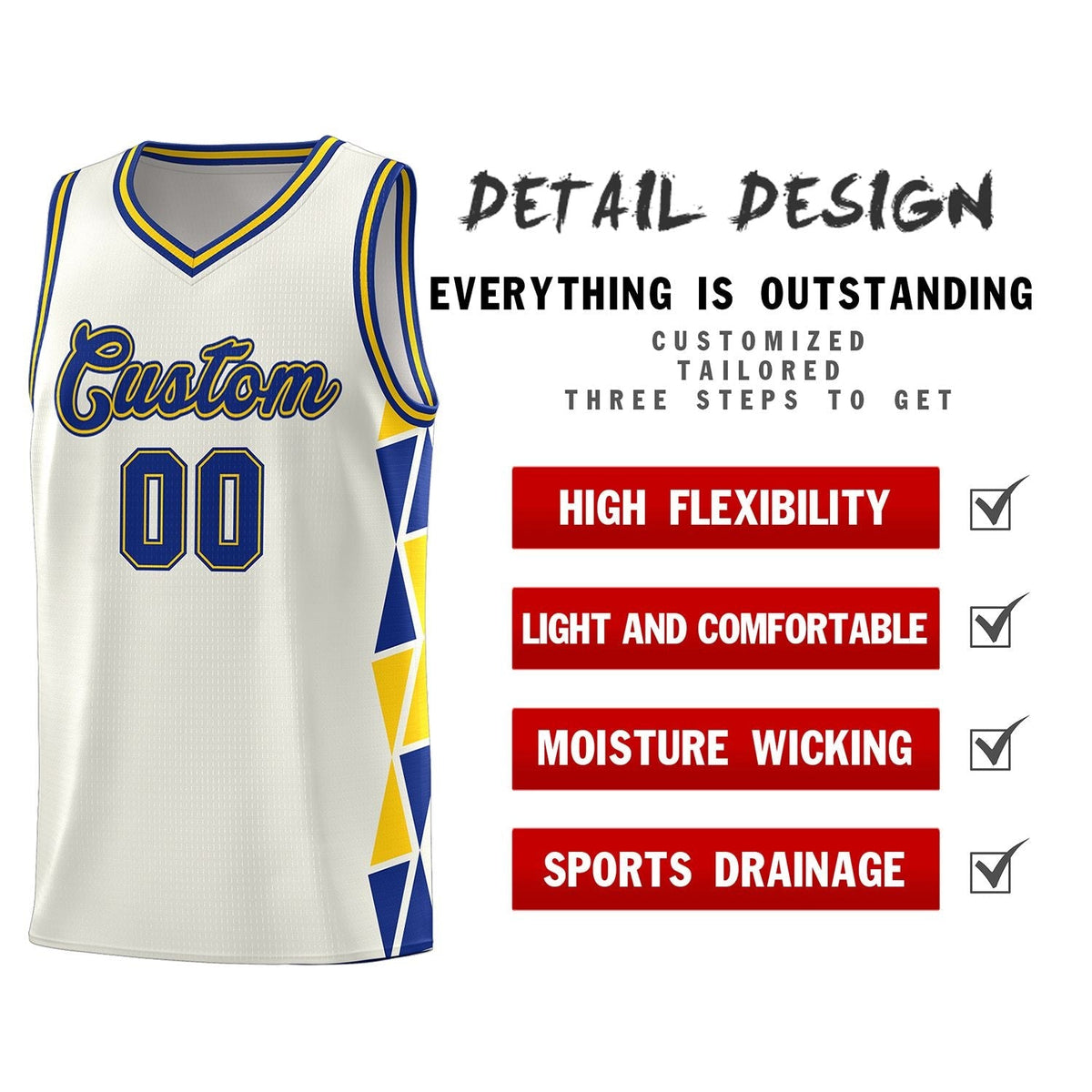 Custom Cream Royal-Gold Side Two-Color Triangle Splicing Sports Uniform Basketball Jersey