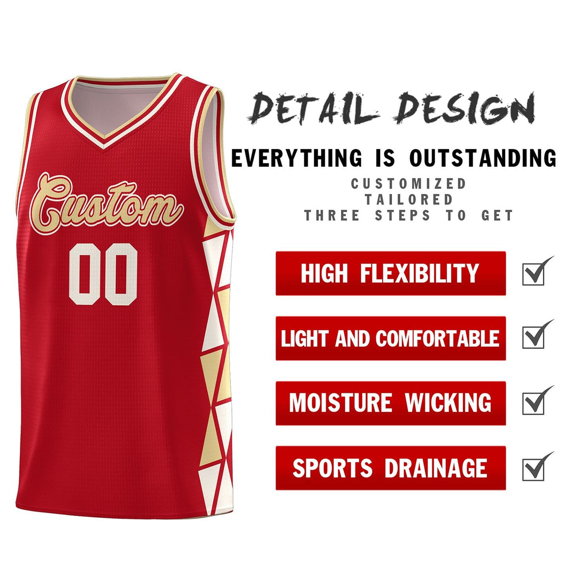 Custom Red Khaki-Cream Side Two-Color Triangle Splicing Sports Uniform Basketball Jersey