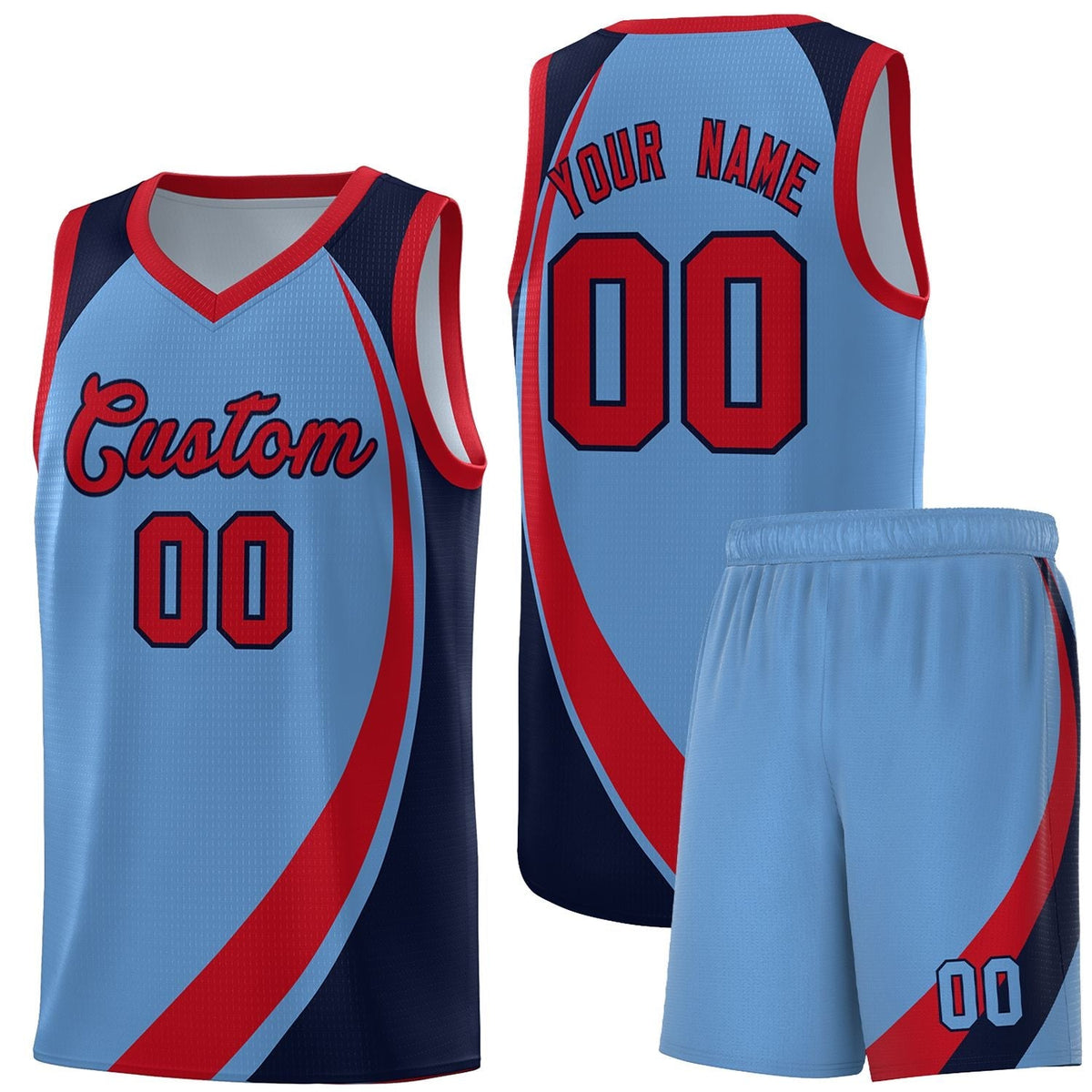 Custom Light Blue Red-Navy Color Block Sports Uniform Basketball Jersey |KXKSHOP