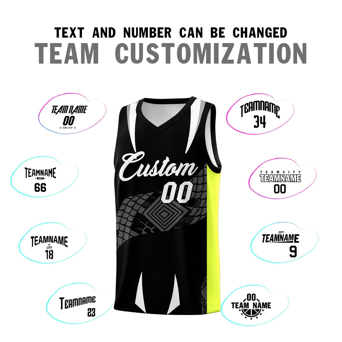 Custom Black Neon Green Snake Scale Venomous Fang Breathable Graffiti Pattern Basketball Suit Jersey