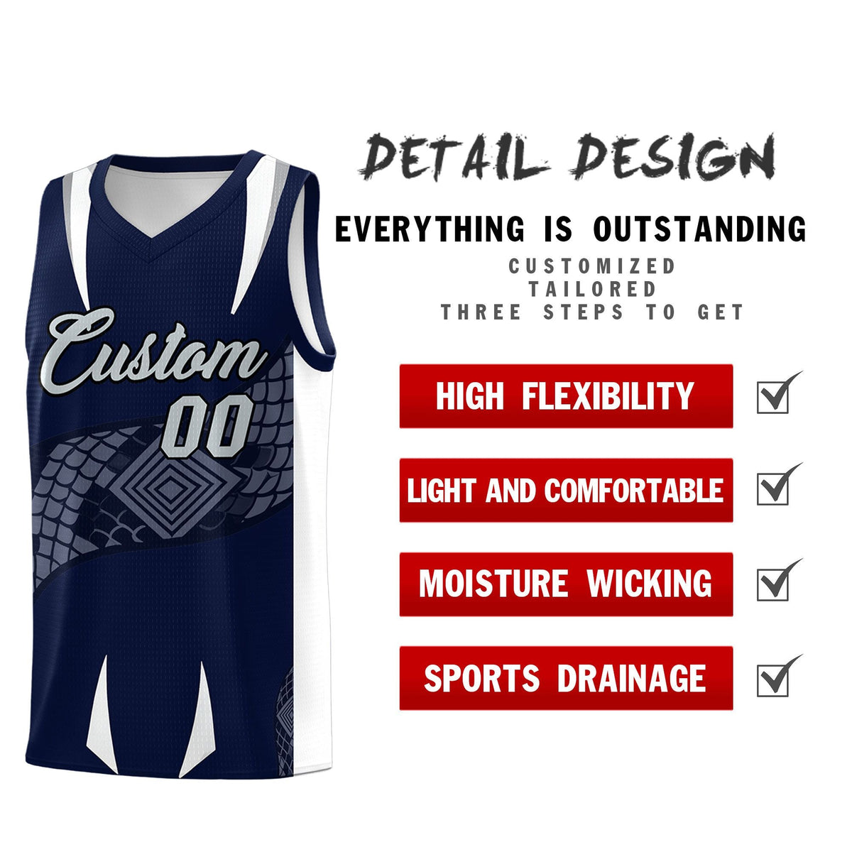 Custom Navy White Snake Scale Venomous Fang Lightweight Graffiti Pattern Basketball Suit Jersey