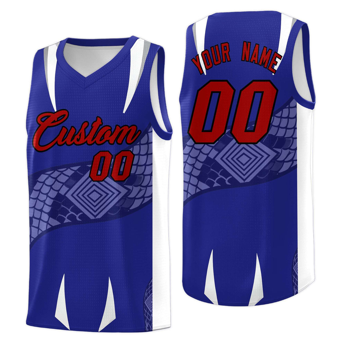 Custom Royal White Snake Scale Venomous Fang Drapable Graffiti Pattern Basketball Suit Jersey