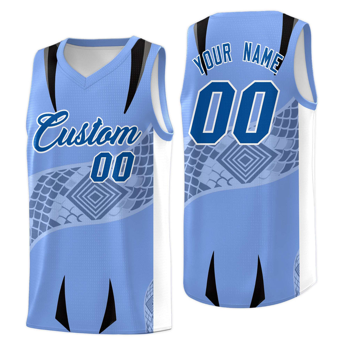 Custom Light Blue White Snake Scale Venomous Fang for Clubs Graffiti Pattern Basketball Suit Jersey