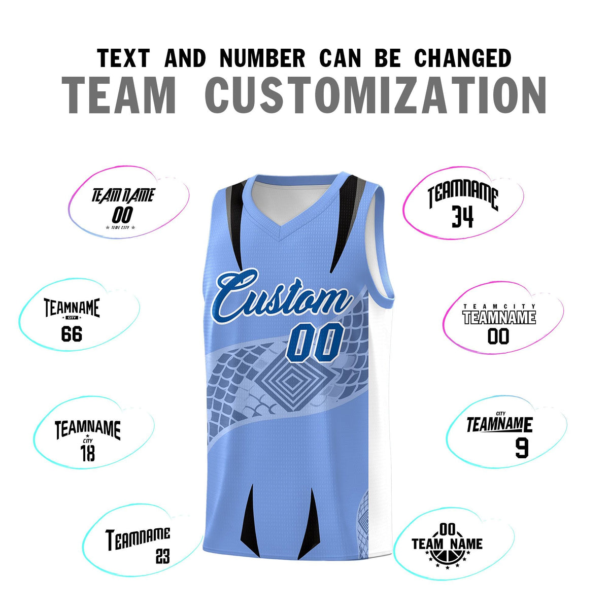 Custom Light Blue White Snake Scale Venomous Fang for Clubs Graffiti Pattern Basketball Suit Jersey