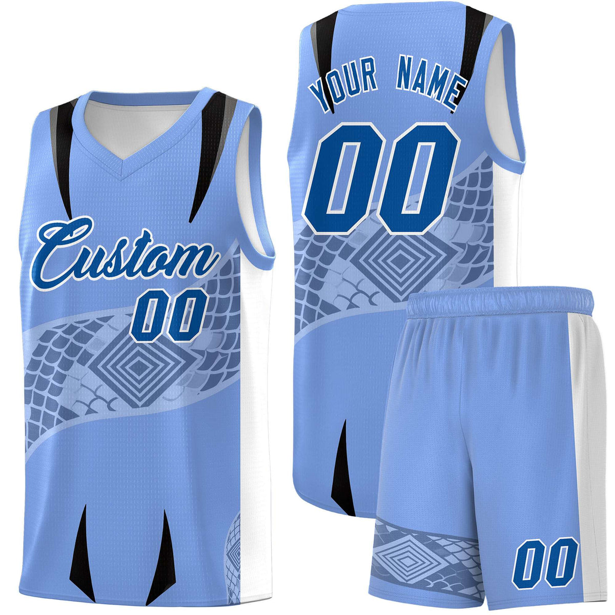 Custom Light Blue White Snake Scale Venomous Fang for Clubs Graffiti Pattern Basketball Suit Jersey