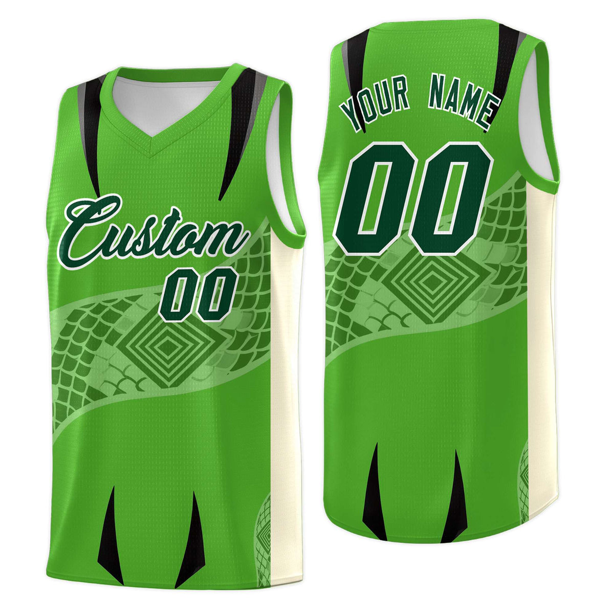 Custom Light Green Cream Snake Scale Venomous Fang for Team Graffiti Pattern Basketball Suit Jersey