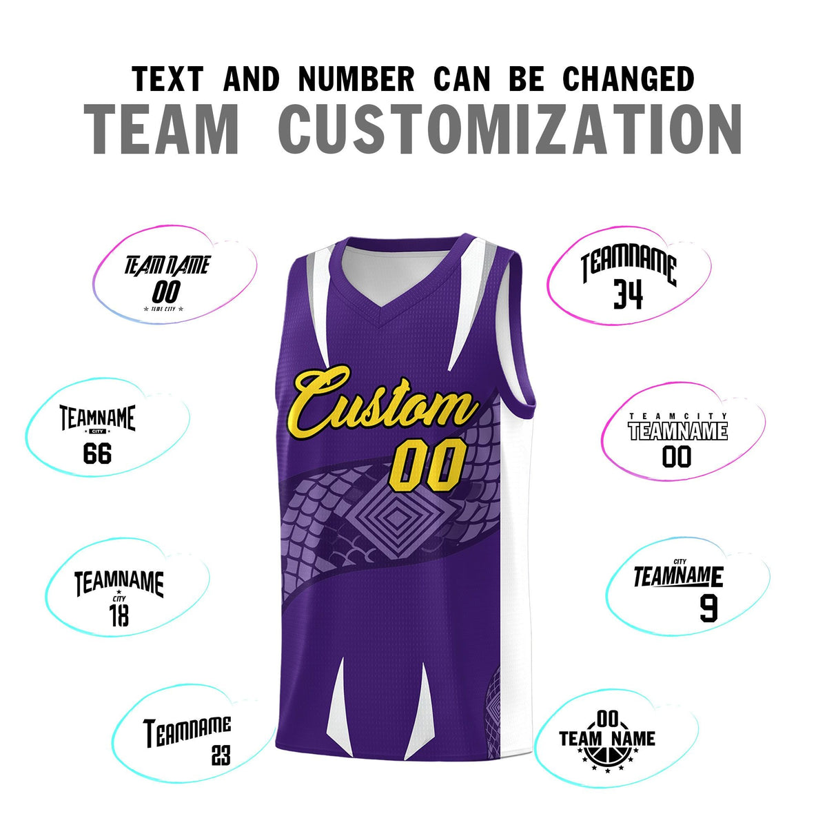 Custom Purple White Snake Scale Venomous Fang Drapable Graffiti Pattern Basketball Suit Jersey
