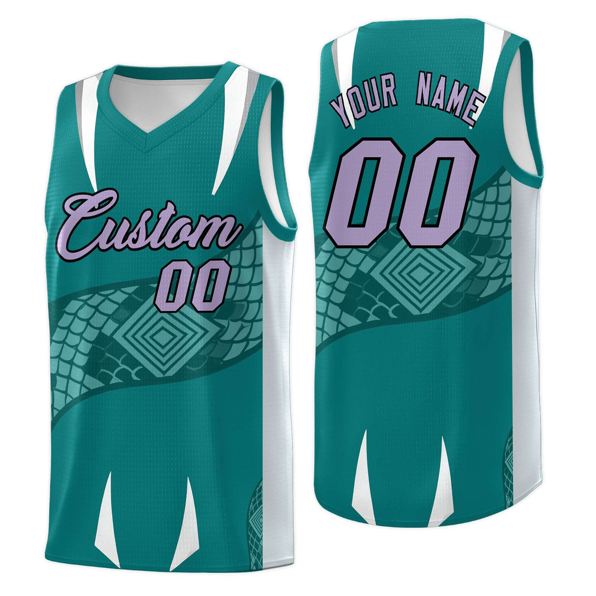 Custom Teal Silver Snake Scale Venomous Fang Breathable Graffiti Pattern Basketball Suit Jersey