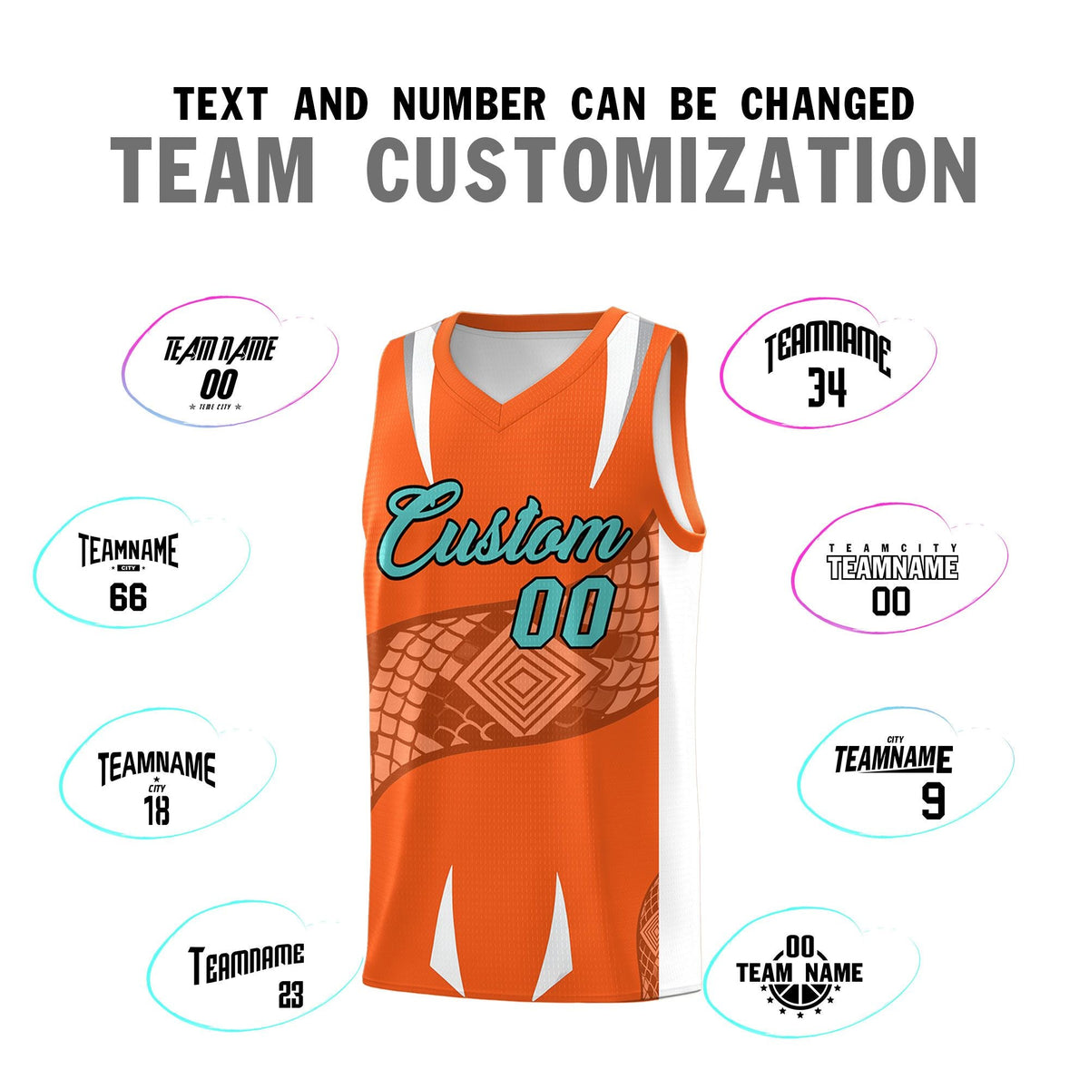 Custom Orange White Snake Scale Venomous Fang Lightweight Graffiti Pattern Basketball Suit Jersey
