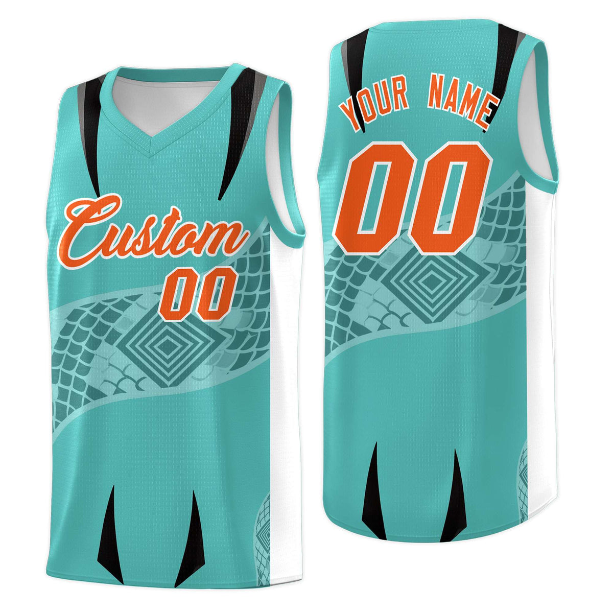 Custom Teal White Snake Scale Venomous Fang for Team Graffiti Pattern Basketball Suit Jersey