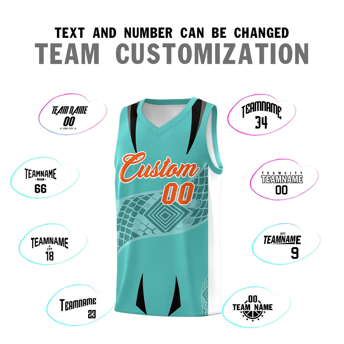 Custom Teal White Snake Scale Venomous Fang for Team Graffiti Pattern Basketball Suit Jersey