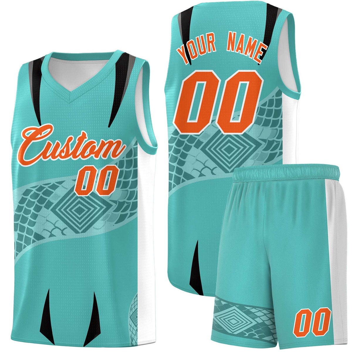 Custom Teal White Snake Scale Venomous Fang for Team Graffiti Pattern Basketball Suit Jersey