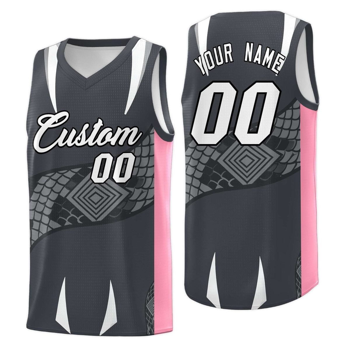 Custom Gray Light Pink Snake Scale Venomous Fang Drapable Graffiti Pattern Basketball Suit Jersey