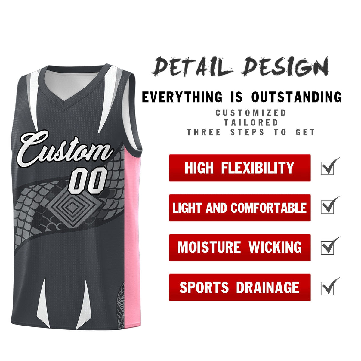 Custom Gray Light Pink Snake Scale Venomous Fang Drapable Graffiti Pattern Basketball Suit Jersey