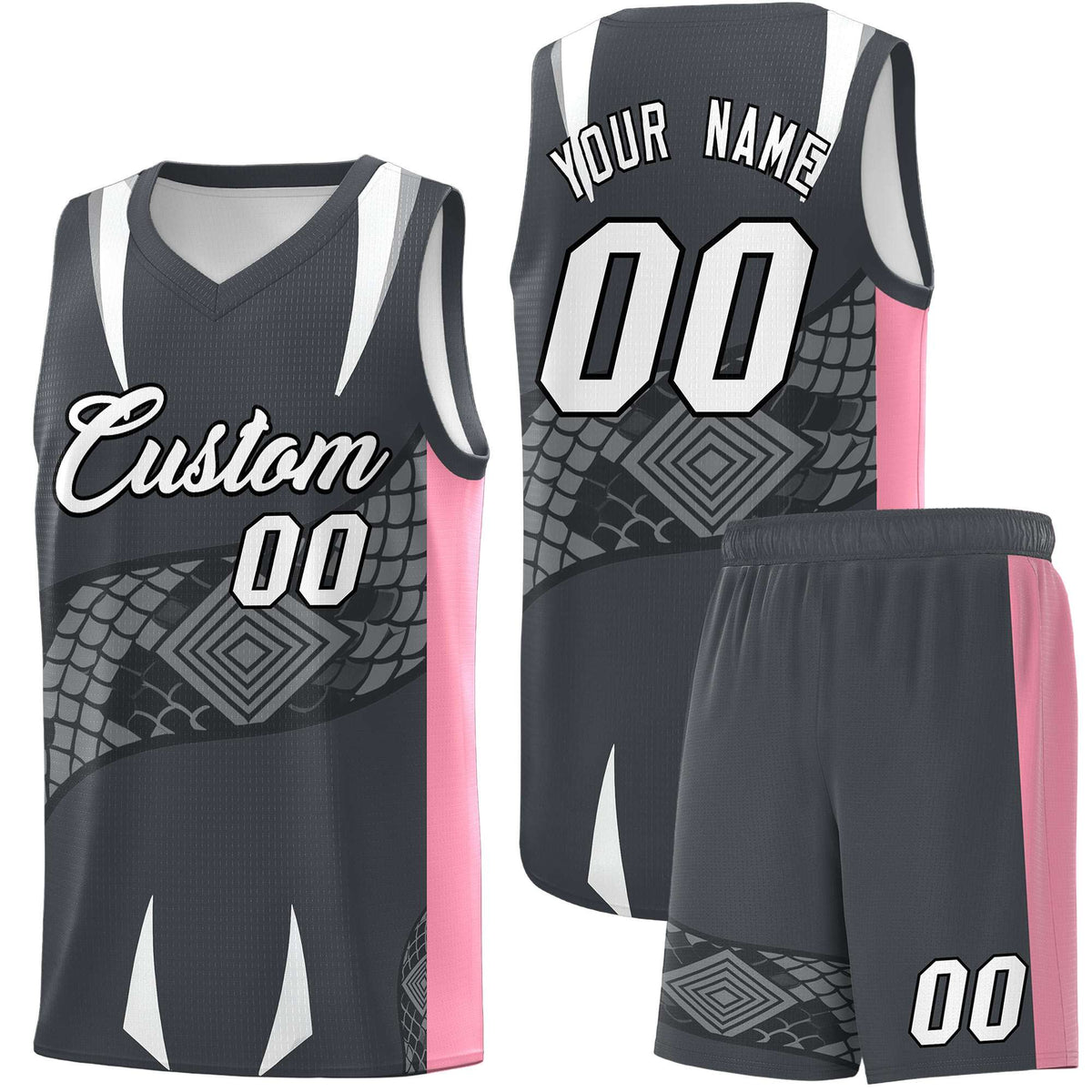 Custom Gray Light Pink Snake Scale Venomous Fang Drapable Graffiti Pattern Basketball Suit Jersey