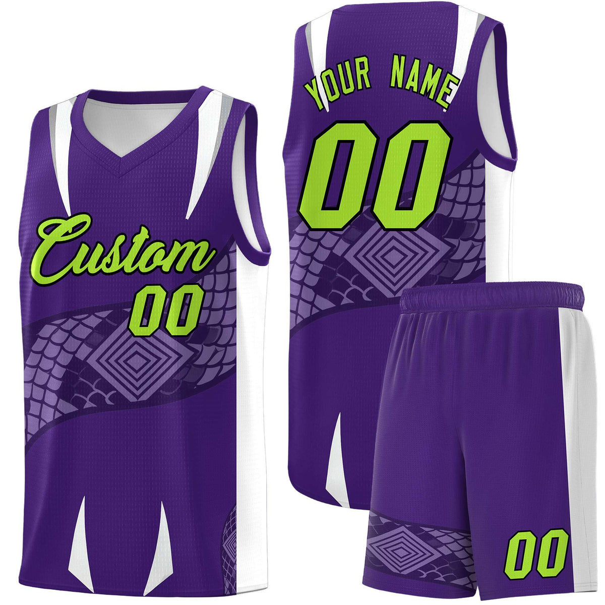 Custom Purple White Snake Scale Venomous Fang Breathable Graffiti Pattern Basketball Suit Jersey