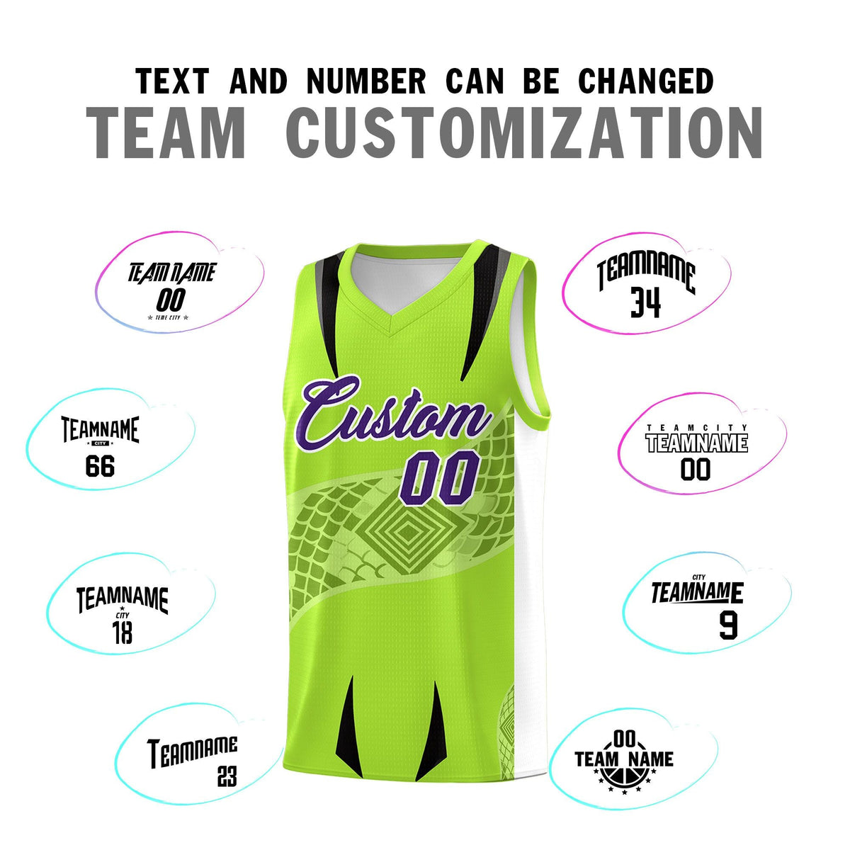 Custom Neon Green White Snake Scale Venomous Fang for Clubs Graffiti Pattern Basketball Suit Jersey